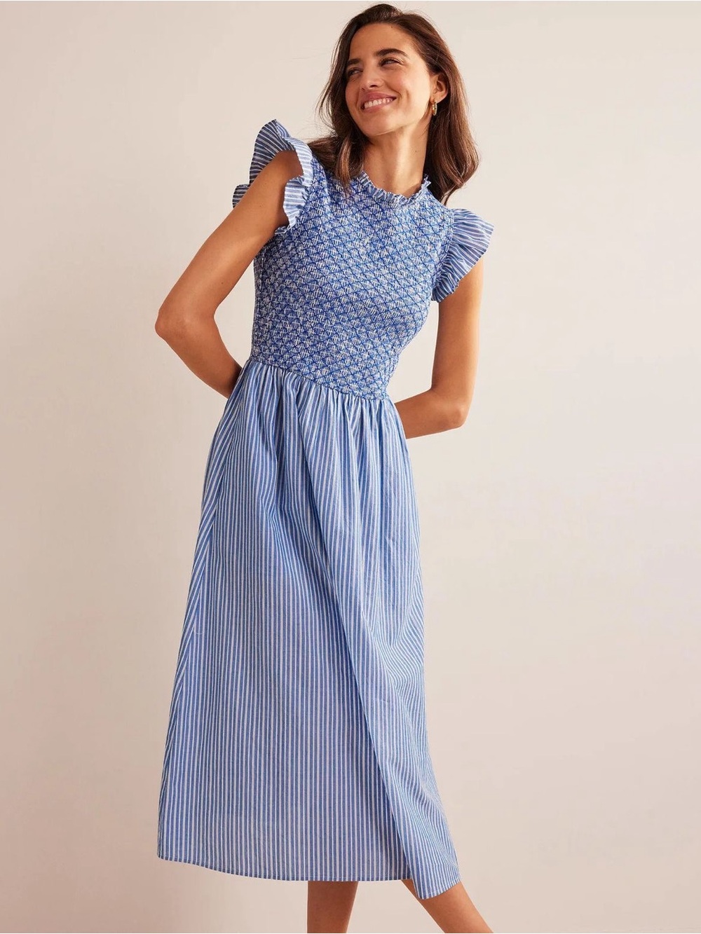 Boden Smocked Bodice Midi Dress Leno Stripe Blue White US 12 Petite D0637